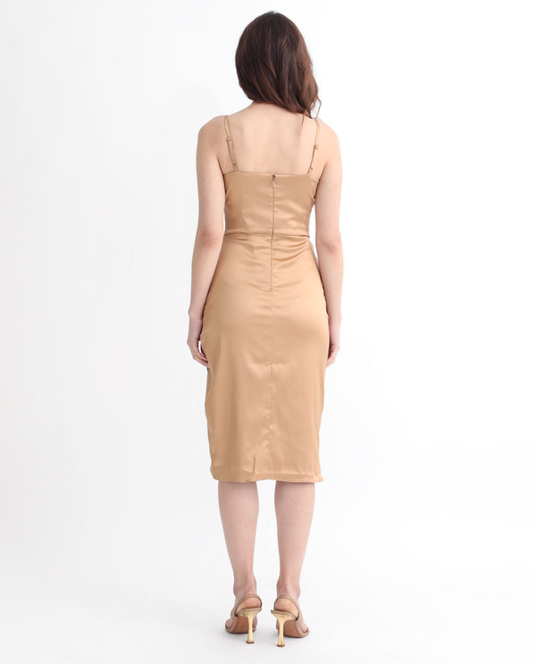 Rareism Women Rilu Sheen Gold Cowl Neck Spaghetti Shoulder Straps With Gathered Sides Bodycon Party Knee Length Dress