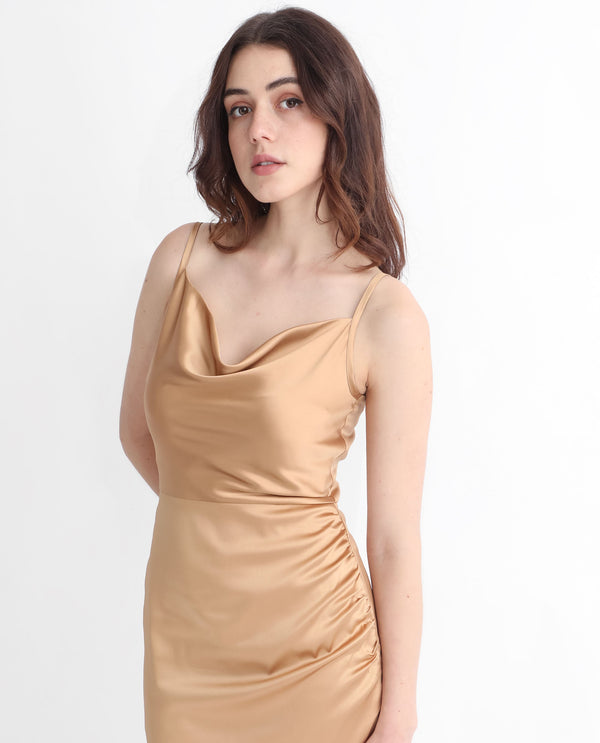 Rareism Women Rilu Sheen Gold Cowl Neck Spaghetti Shoulder Straps With Gathered Sides Bodycon Party Knee Length Dress
