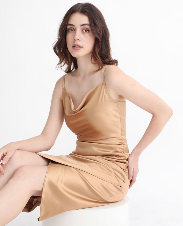 Rareism Women Rilu Sheen Gold Cowl Neck Spaghetti Shoulder Straps With Gathered Sides Bodycon Party Knee Length Dress