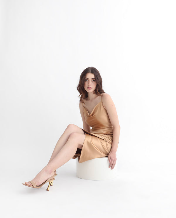 Rareism Women Rilu Sheen Gold Cowl Neck Spaghetti Shoulder Straps With Gathered Sides Bodycon Party Knee Length Dress
