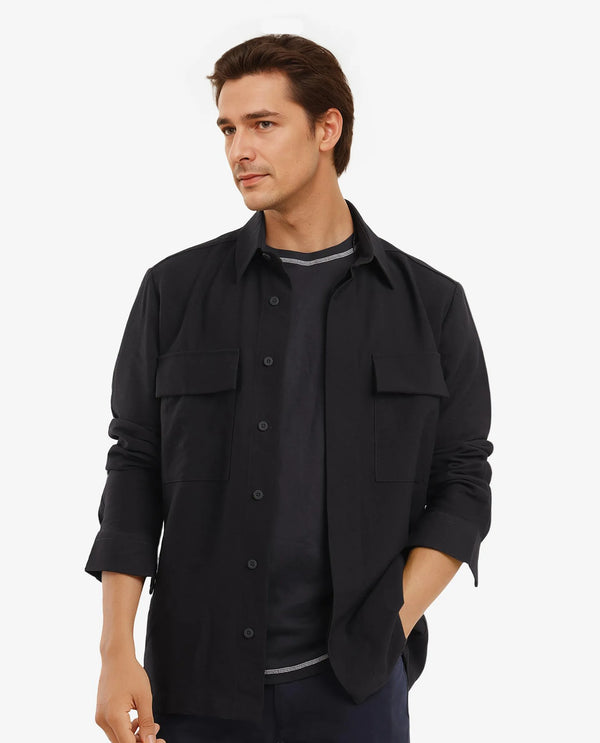 Rare Rabbit Men Rimal Black Viscose Nylon Blend Fabric Full Sleeve Spread Collar Regular Fit Cavalry Twill Solid Shirt