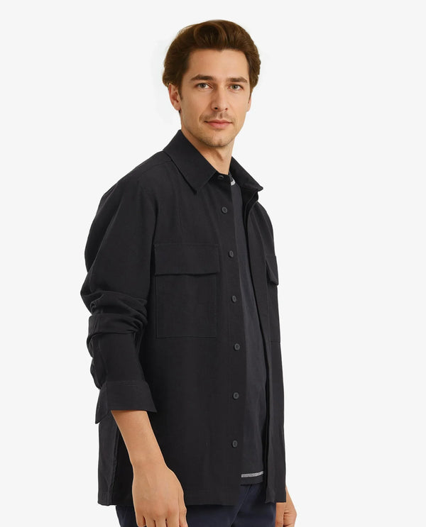 Rare Rabbit Men Rimal Black Viscose Nylon Blend Fabric Full Sleeve Spread Collar Regular Fit Cavalry Twill Solid Shirt