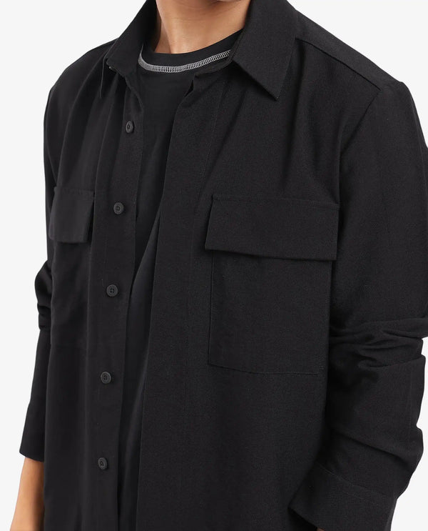 Rare Rabbit Men Rimal Black Viscose Nylon Blend Fabric Full Sleeve Spread Collar Regular Fit Cavalry Twill Solid Shirt
