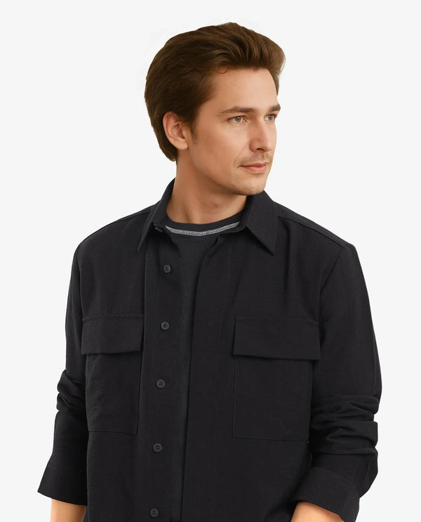 Rare Rabbit Men Rimal Black Viscose Nylon Blend Fabric Full Sleeve Spread Collar Regular Fit Cavalry Twill Solid Shirt