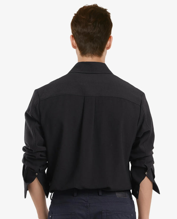 Rare Rabbit Men Rimal Black Viscose Nylon Blend Fabric Full Sleeve Spread Collar Regular Fit Cavalry Twill Solid Shirt