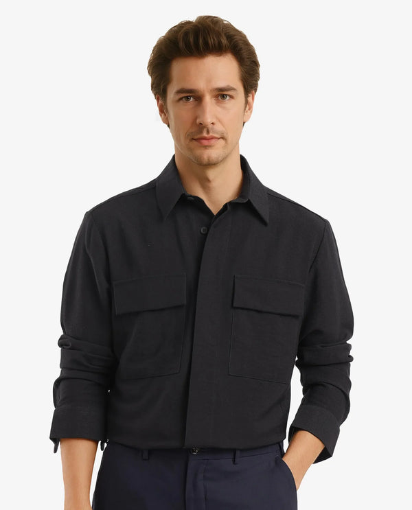 Rare Rabbit Men Rimal Black Viscose Nylon Blend Fabric Full Sleeve Spread Collar Regular Fit Cavalry Twill Solid Shirt
