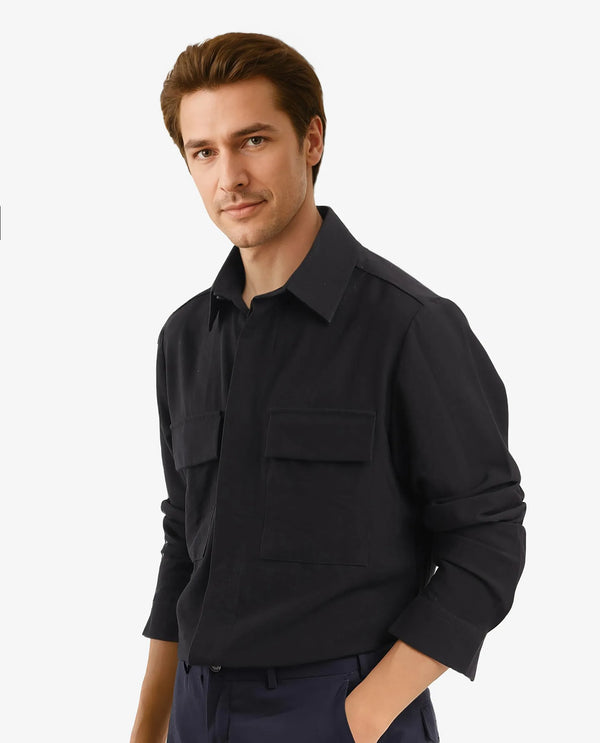 Rare Rabbit Men Rimal Black Viscose Nylon Blend Fabric Full Sleeve Spread Collar Regular Fit Cavalry Twill Solid Shirt