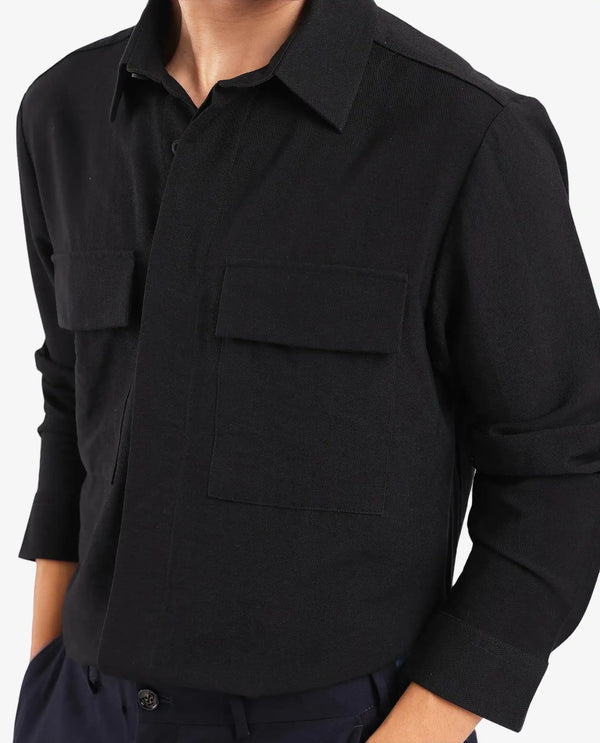 Rare Rabbit Men Rimal Black Viscose Nylon Blend Fabric Full Sleeve Spread Collar Regular Fit Cavalry Twill Solid Shirt