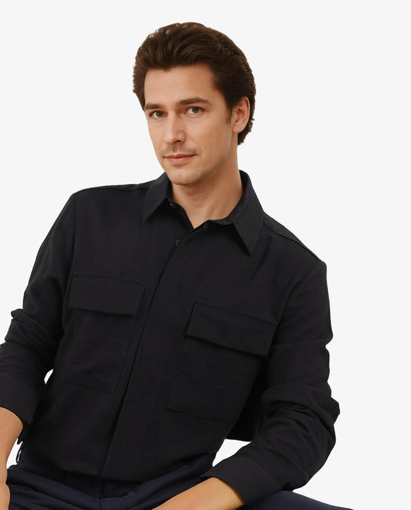 Rare Rabbit Men Rimal Black Viscose Nylon Blend Fabric Full Sleeve Spread Collar Regular Fit Cavalry Twill Solid Shirt