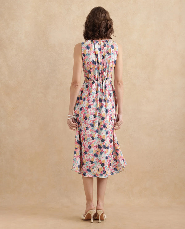 Rareism Women's Rinaf Multi Satin Fabric Round Neck Button Closure Sleeveless Floral Print Fit And Flare Midi Dress
