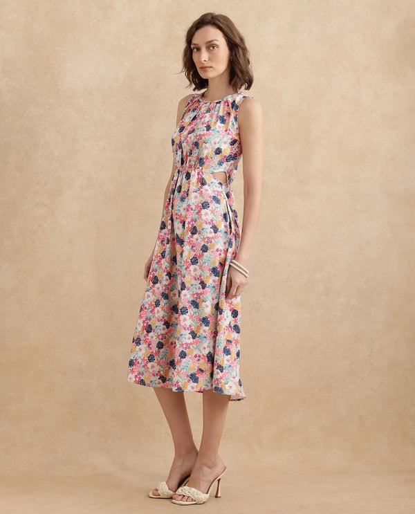 Rareism Women's Rinaf Multi Satin Fabric Round Neck Button Closure Sleeveless Floral Print Fit And Flare Midi Dress