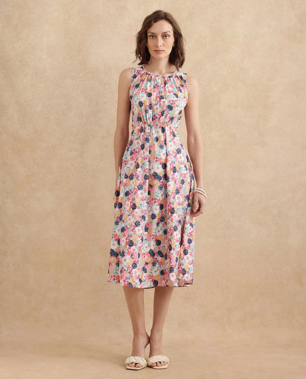 Rareism Women's Rinaf Multi Satin Fabric Round Neck Button Closure Sleeveless Floral Print Fit And Flare Midi Dress
