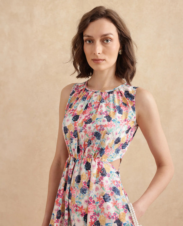 Rareism Women's Rinaf Multi Satin Fabric Round Neck Button Closure Sleeveless Floral Print Fit And Flare Midi Dress