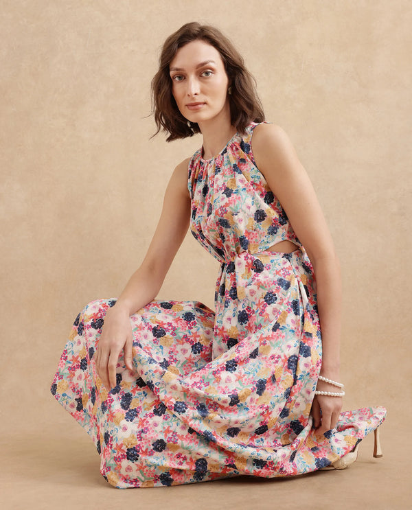 Rareism Women's Rinaf Multi Satin Fabric Round Neck Button Closure Sleeveless Floral Print Fit And Flare Midi Dress