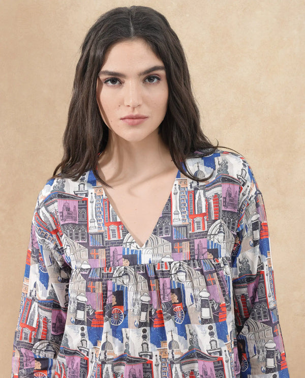 Rareism Women Rinata-T Multi Cotton Fabric Regular Sleeves V-Neck Abstract Print Regular Length Top
