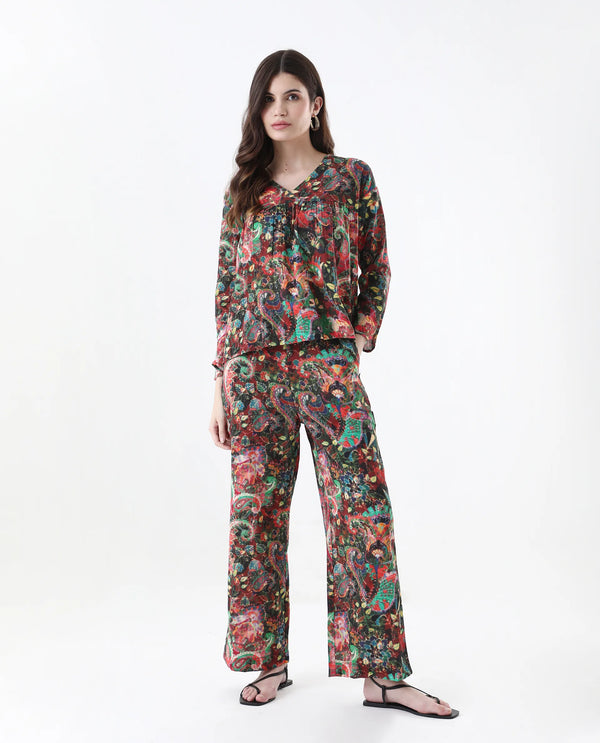 Rareism Women Rinatao-B Dark Multi Straight Fit Geometric Print Ankle Length Trouser