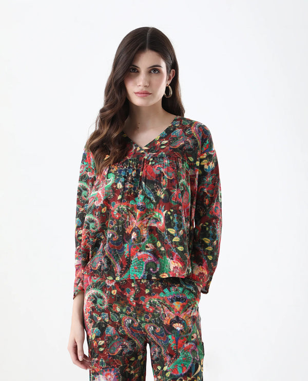 Rareism Women Rinatao-T Dark Multi Full Sleeve V-Neck Loop Geometric Print Top