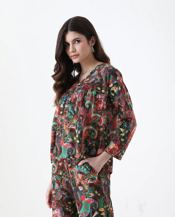 Rareism Women Rinatao-T Dark Multi Full Sleeve V-Neck Loop Geometric Print Top