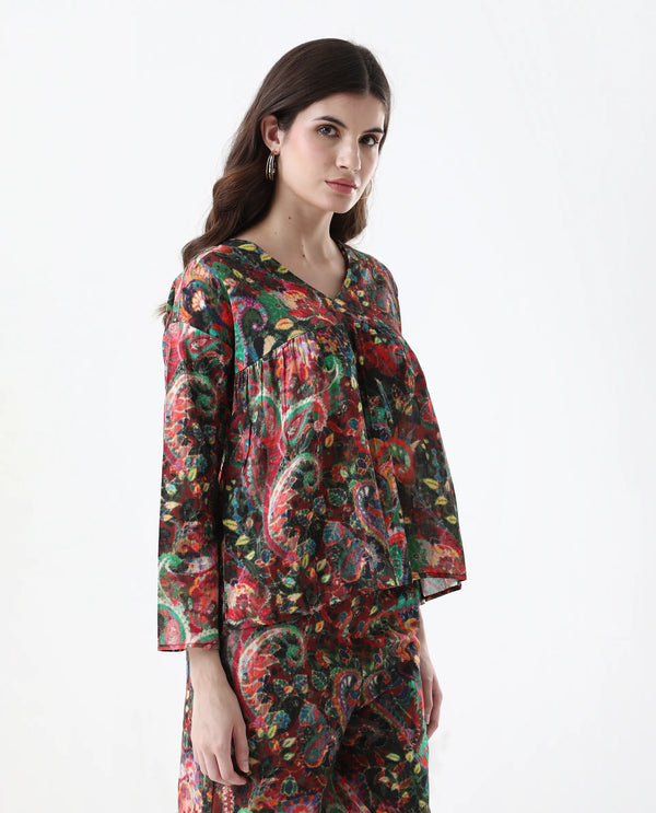 Rareism Women Rinatao-T Dark Multi Full Sleeve V-Neck Loop Geometric Print Top