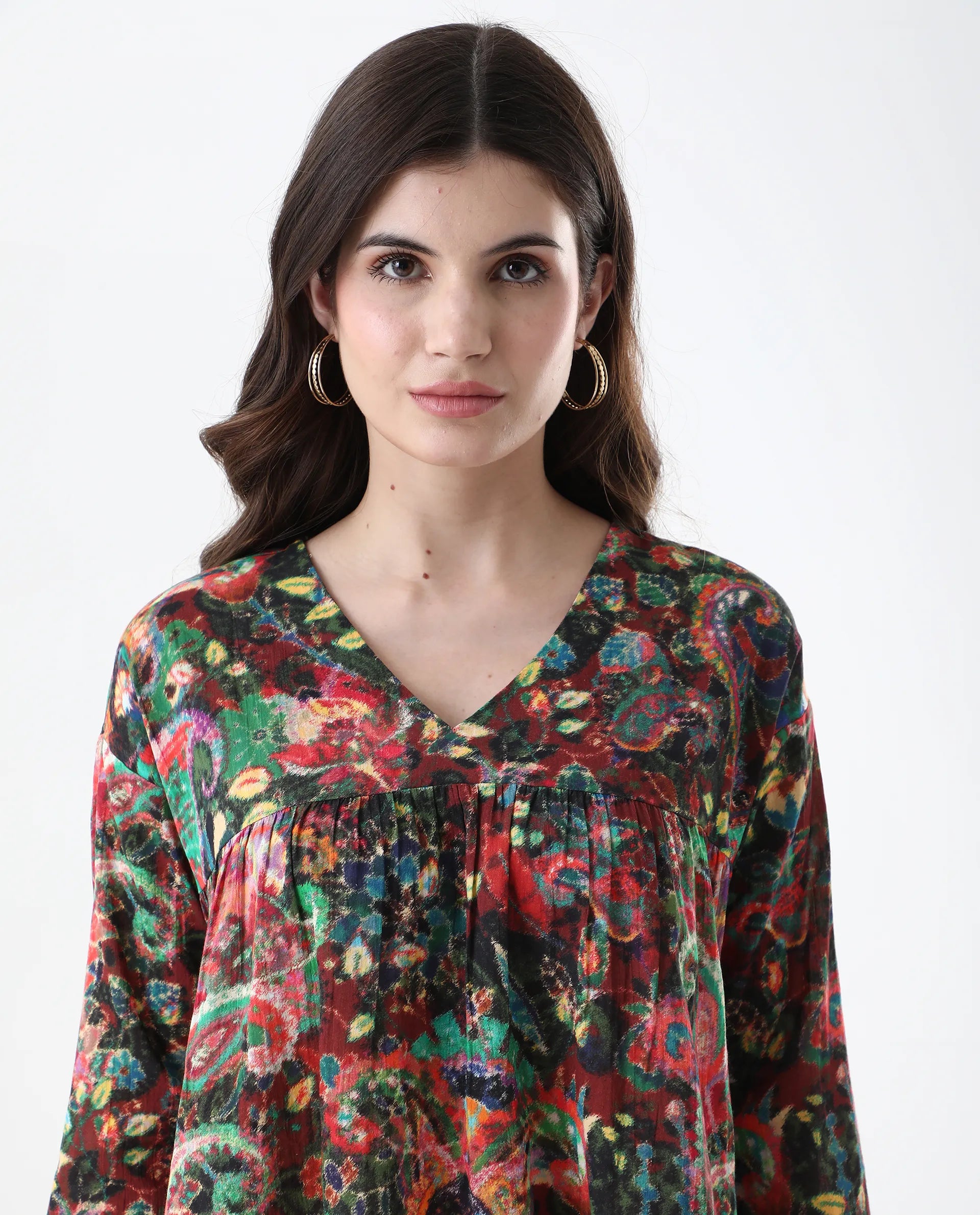 Rareism Women Rinatao-T Dark Multi Full Sleeve V-Neck Loop Geometric Print Top
