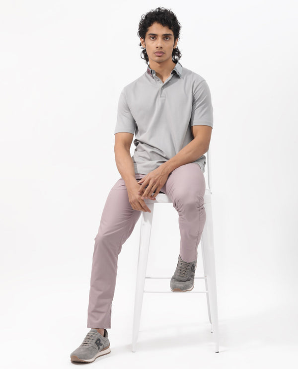 Rare Rabbit Men's Ringer-2 Grey Cotton Fabric Printed Collar Half Sleeves Polo T-Shirt