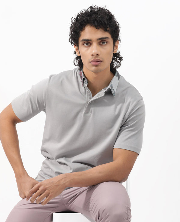 Rare Rabbit Men's Ringer-2 Grey Cotton Fabric Printed Collar Half Sleeves Polo T-Shirt