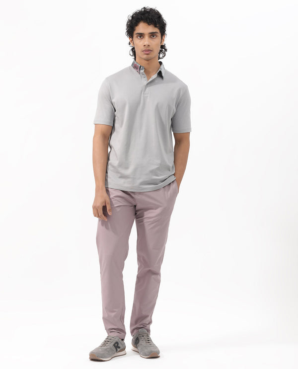 Rare Rabbit Men's Ringer-2 Grey Cotton Fabric Printed Collar Half Sleeves Polo T-Shirt