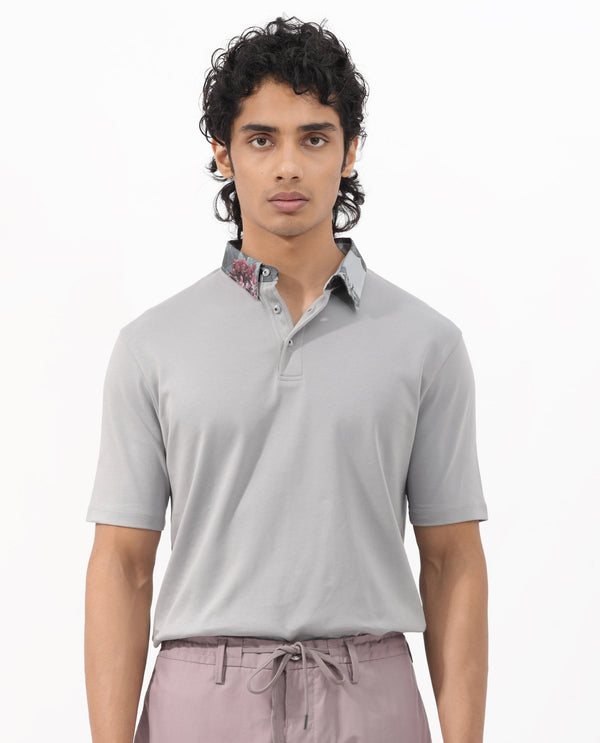 Rare Rabbit Men's Ringer-2 Grey Cotton Fabric Printed Collar Half Sleeves Polo T-Shirt