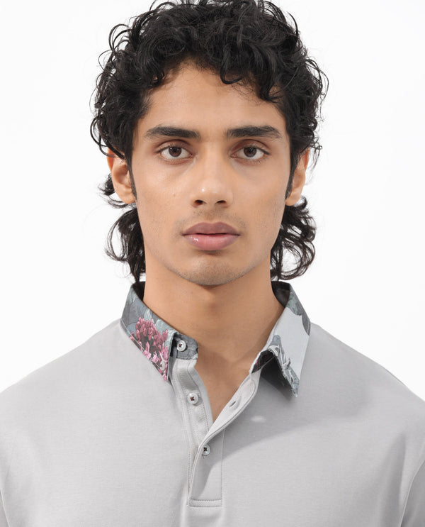 Rare Rabbit Men's Ringer-2 Grey Cotton Fabric Printed Collar Half Sleeves Polo T-Shirt