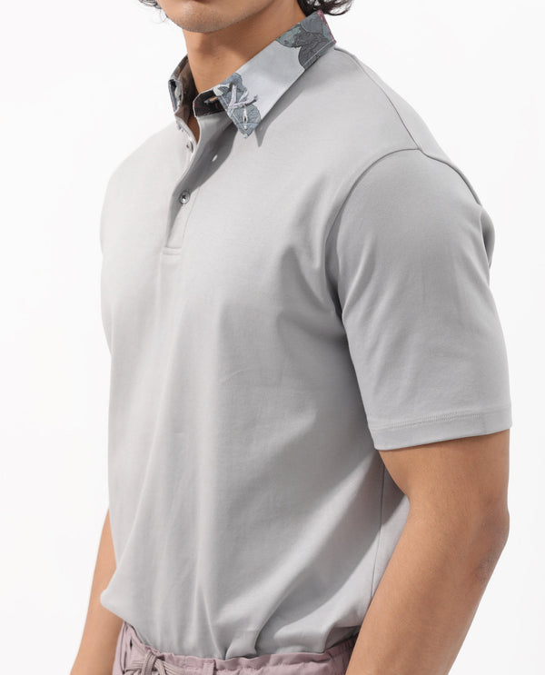 Rare Rabbit Men's Ringer-2 Grey Cotton Fabric Printed Collar Half Sleeves Polo T-Shirt