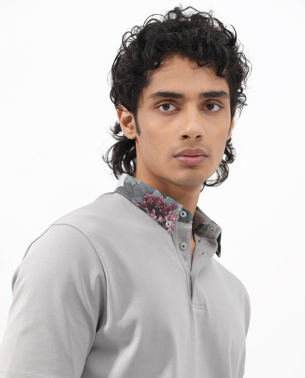 Rare Rabbit Men's Ringer-2 Grey Cotton Fabric Printed Collar Half Sleeves Polo T-Shirt