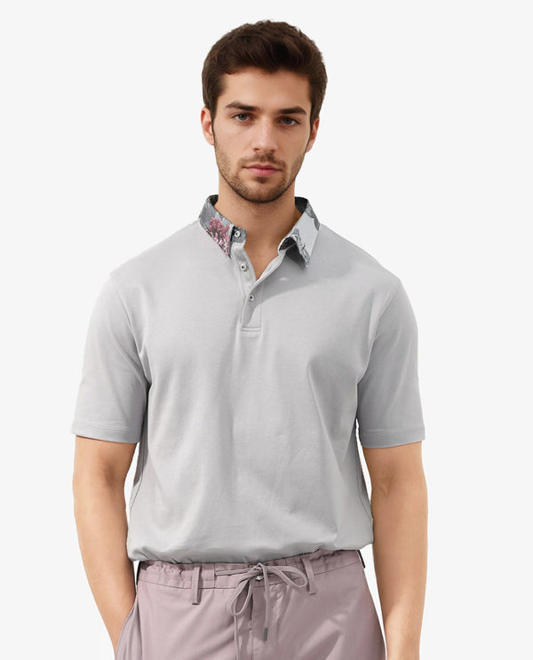 Rare Rabbit Men's Ringer-2 Grey Cotton Fabric Printed Collar Half Sleeves Polo T-Shirt