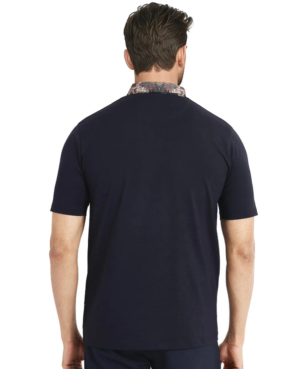 Rare Rabbit Men Ringer-2 Dark Navy Cotton Fabric Printed Collar Half Sleeves Polo T-Shirt
