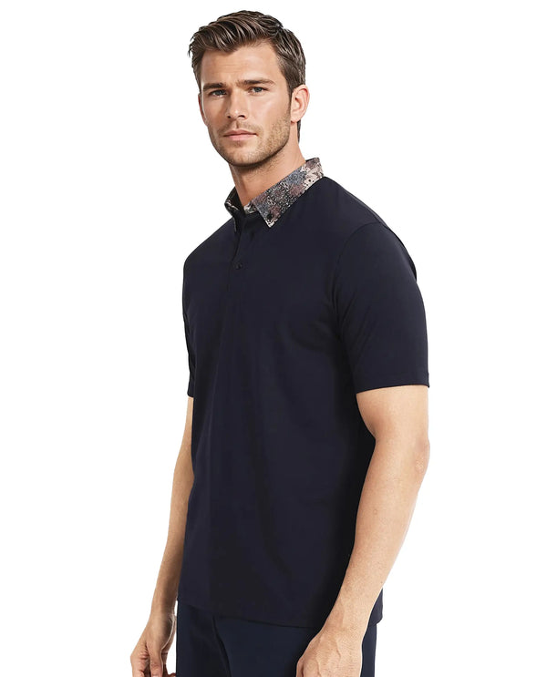 Rare Rabbit Men Ringer-2 Dark Navy Cotton Fabric Printed Collar Half Sleeves Polo T-Shirt