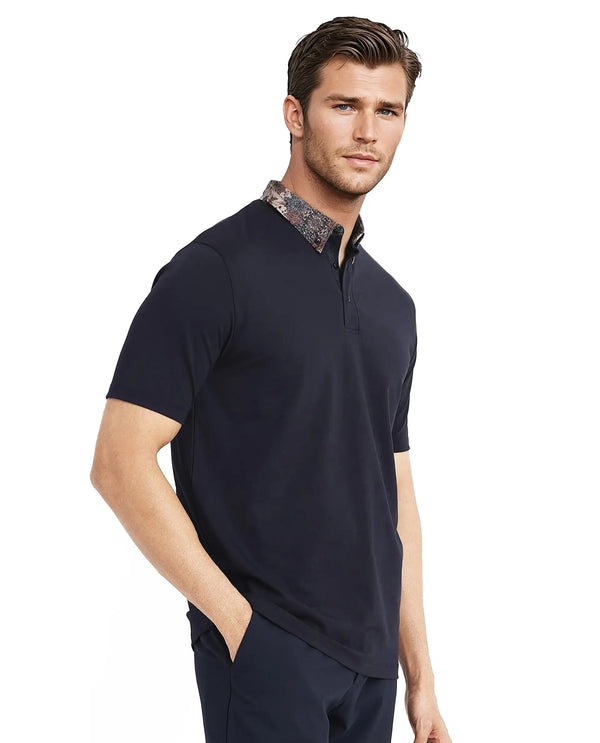 Rare Rabbit Men Ringer-2 Dark Navy Cotton Fabric Printed Collar Half Sleeves Polo T-Shirt