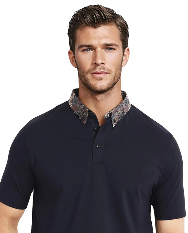 Rare Rabbit Men Ringer-2 Dark Navy Cotton Fabric Printed Collar Half Sleeves Polo T-Shirt