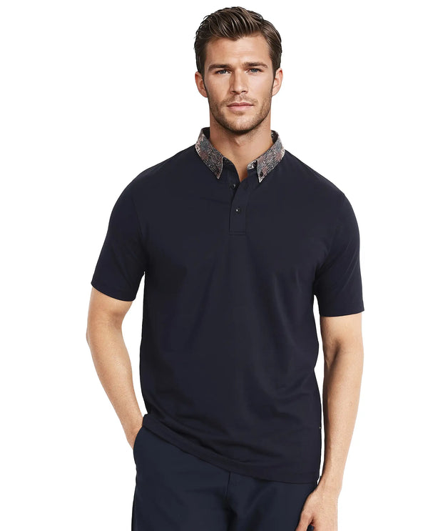 Rare Rabbit Men Ringer-2 Dark Navy Cotton Fabric Printed Collar Half Sleeves Polo T-Shirt