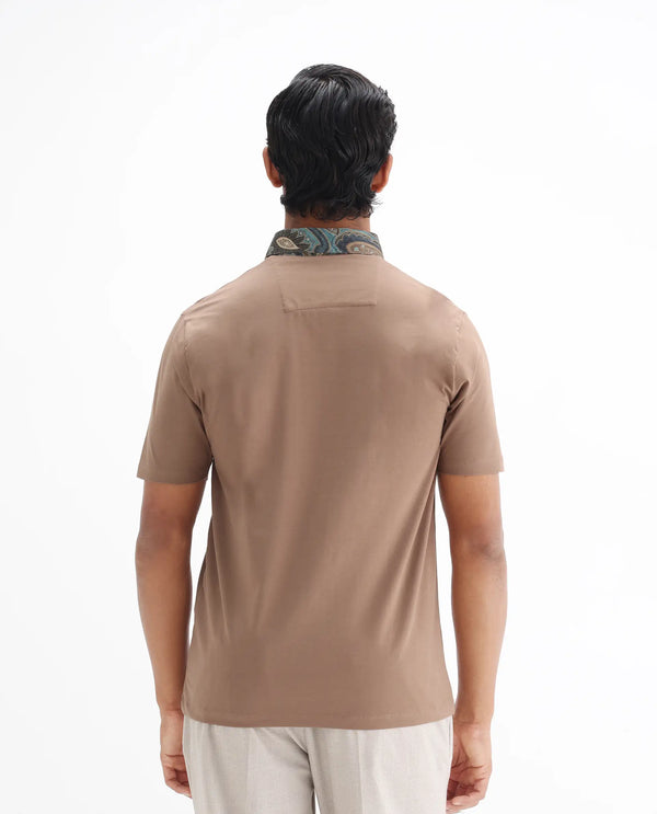 Rare Rabbit Men's Ringer 25 Dusky Beige Cotton Blend Fabric Half Sleeve Spread Collar Regular Fit Plain Polo