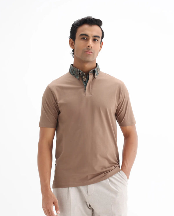 Rare Rabbit Men's Ringer 25 Dusky Beige Cotton Blend Fabric Half Sleeve Spread Collar Regular Fit Plain Polo