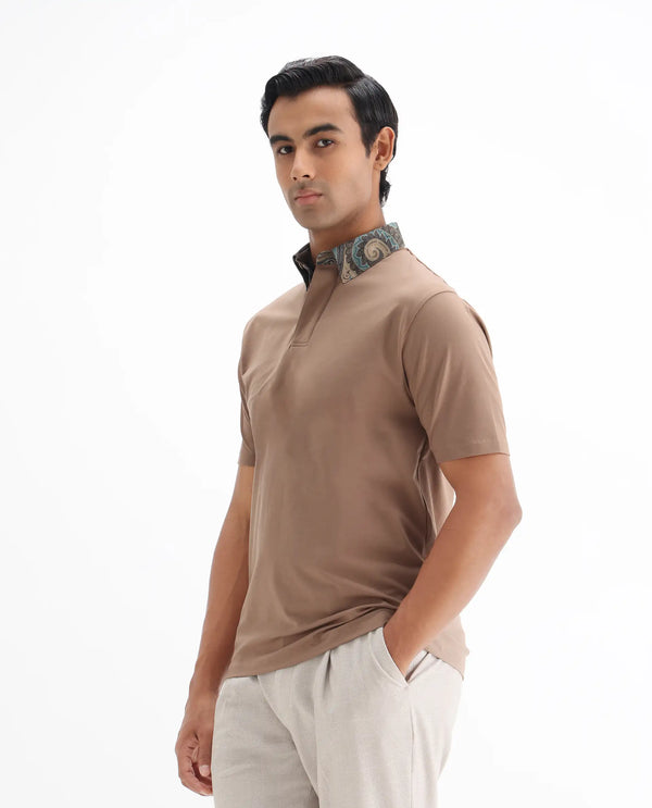 Rare Rabbit Men's Ringer 25 Dusky Beige Cotton Blend Fabric Half Sleeve Spread Collar Regular Fit Plain Polo