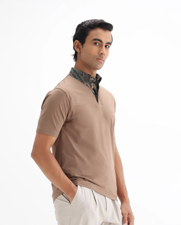 Rare Rabbit Men's Ringer 25 Dusky Beige Cotton Blend Fabric Half Sleeve Spread Collar Regular Fit Plain Polo