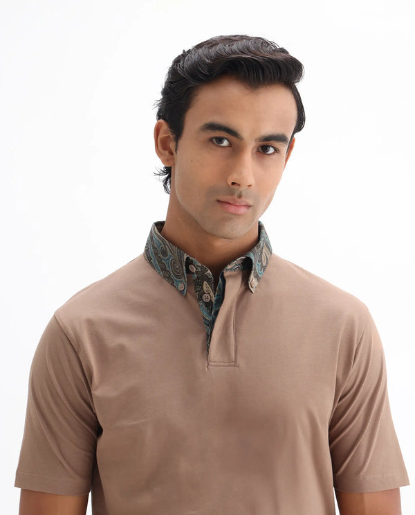 Rare Rabbit Men's Ringer 25 Dusky Beige Cotton Blend Fabric Half Sleeve Spread Collar Regular Fit Plain Polo