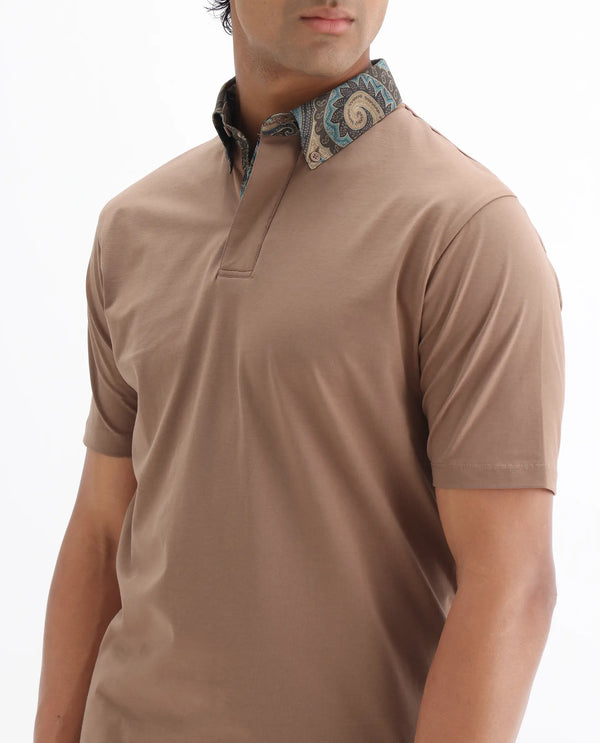 Rare Rabbit Men's Ringer 25 Dusky Beige Cotton Blend Fabric Half Sleeve Spread Collar Regular Fit Plain Polo