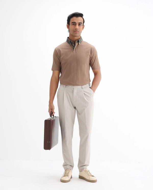 Rare Rabbit Men's Ringer 25 Dusky Beige Cotton Blend Fabric Half Sleeve Spread Collar Regular Fit Plain Polo