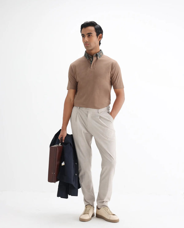 Rare Rabbit Men's Ringer 25 Dusky Beige Cotton Blend Fabric Half Sleeve Spread Collar Regular Fit Plain Polo