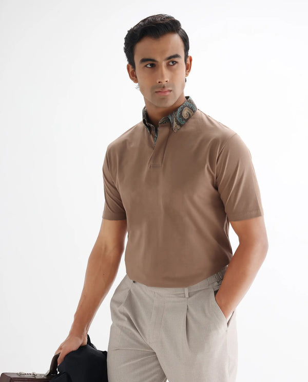 Rare Rabbit Men's Ringer 25 Dusky Beige Cotton Blend Fabric Half Sleeve Spread Collar Regular Fit Plain Polo