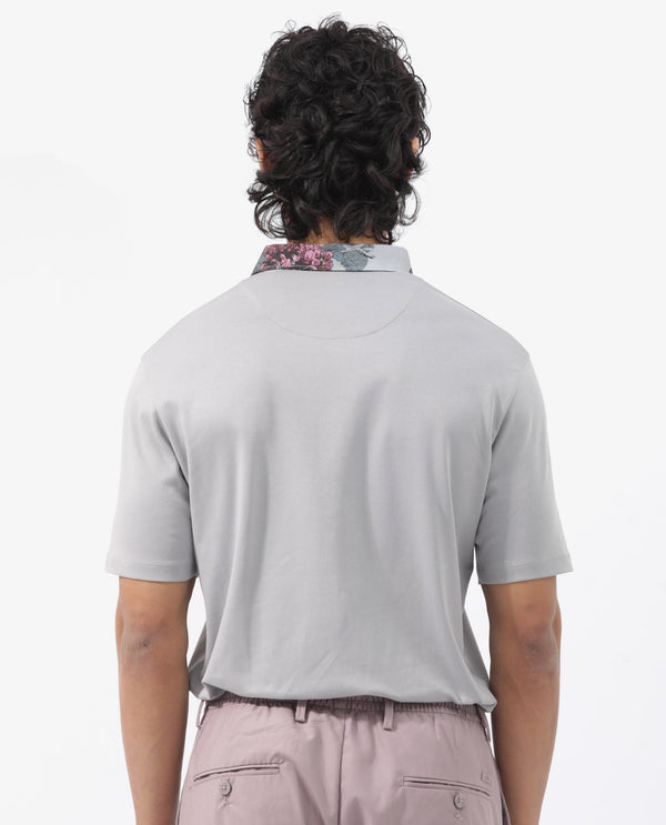 Rare Rabbit Men's Ringer-2 Grey Cotton Fabric Printed Collar Half Sleeves Polo T-Shirt