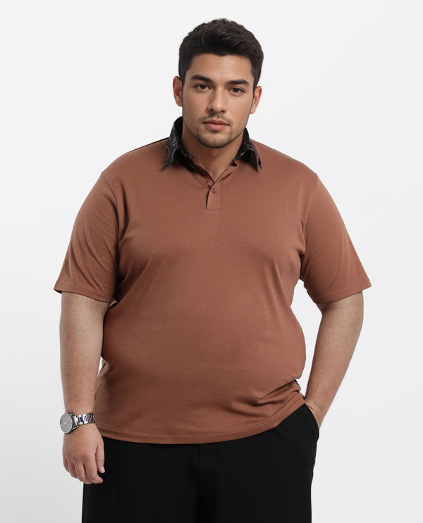Rare Rabbit Men's Rings Dusky Brown Cotton Fabric Short Sleeves Collared Neck Solid Polo T-shirt Plus Size