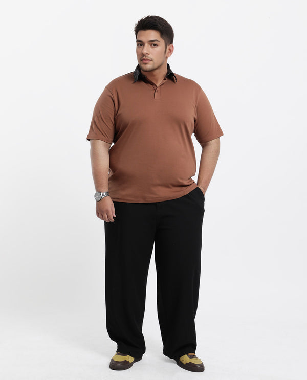 Rare Rabbit Men's Rings Dusky Brown Cotton Fabric Short Sleeves Collared Neck Solid Polo T-shirt Plus Size