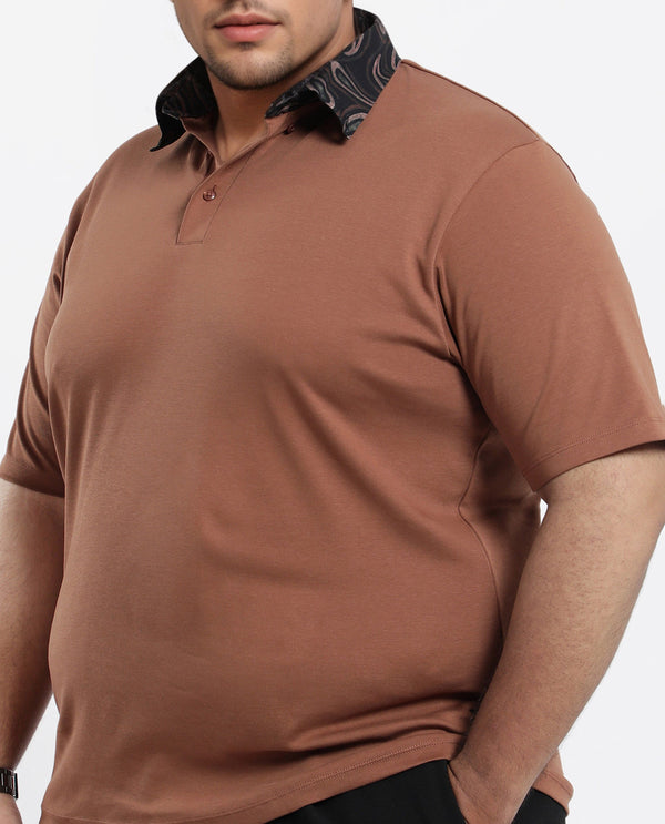 Rare Rabbit Men's Rings Dusky Brown Cotton Fabric Short Sleeves Collared Neck Solid Polo T-shirt Plus Size